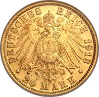 reverse of 20 Mark (1893 - 1913) coin with KM# 618 from German States. Inscription: DEUTSCHES REICH 1913 * 20 MARK *