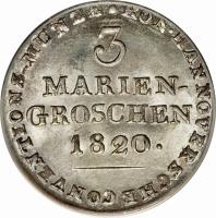 reverse of 3 Mariengroschen - George III (1816 - 1820) coin with KM# 114 from German States. Inscription: HANNOVERSCHE CONVENTIONS-MUNZE.KON