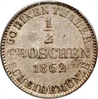 reverse of 1/2 Groschen - Georg V (1858 - 1865) coin with KM# 235 from German States. Inscription: 60 EINEN THALER 1 2 GROSCHEN 1862 SCHEIDEMÜNZE