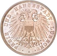 obverse of 3 Mark (1908 - 1914) coin with KM# 215 from German States. Inscription: FREIE UND HANSESTADT LÜBECK · A ·