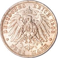 reverse of 3 Mark (1908 - 1914) coin with KM# 215 from German States. Inscription: DEUTSCHES REICH 1908 * DREI MARK *