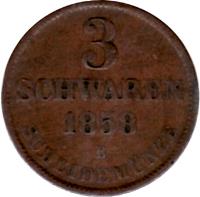 reverse of 3 Schwaren - Nicolaus Friedrich Peter (1858 - 1869) coin with KM# 191 from German States. Inscription: 3 SCHWAREN 1858 B SCHEIDEMÜNZE