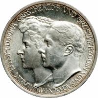 obverse of 3 Mark - Wilhelm Ernst - Duke's Marriage (1910) coin with KM# 221 from German States. Inscription: FEODORA GROSZHERZOG UND GROSZHERZOGIN VON SACHSEN I IV WILHEIM ERNST