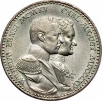 obverse of 3 Mark - Wilhelm Ernst - Grand Duchy (1915) coin with KM# 222 from German States. Inscription: WILHELM ERNST MCMXV CARL AUGUST MDCCCXV · A