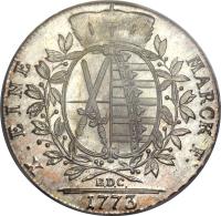 reverse of 1 Conventionsthaler - Friedrich August III (1769 - 1790) coin with KM# 992 from German States. Inscription: X. EINE	MARCK F: I.E.C. 1783