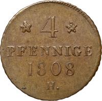 reverse of 4 Pfennig - Friedrich August I/III (1808 - 1810) coin with KM# 1064 from German States. Inscription: 4 PFENNIGE 1808