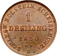 reverse of 1 Dreiling - Provisional Government (1850) coin with KM# 160 from German States. Inscription: SCHLESW.HOLSTEIN SCHEIDE MUNZE 1 DREILING 1850 T. A.