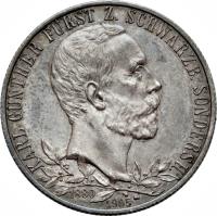 obverse of 2 Mark - Karl Günther - Silver Jubilee - thicker rim (1905) coin with KM# 152 from German States. Inscription: KARL GÜNTHER FÜRST Z. SCHWARZB. SONDERSH. 1880 1905