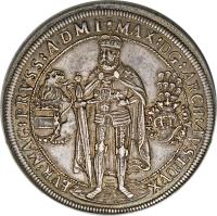 obverse of 1 Thaler - Maximilian of Austria (1603) coin with KM# 3 from German States. Inscription: MAX:DG:ARCH:AVST:DVX EVR:MAG:PRVSS:ADMI