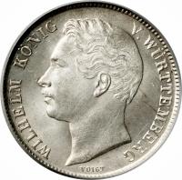 obverse of 1/2 Gulden - Wilhelm I (1838 - 1858) coin with KM# 573 from German States. Inscription: WILHELM KÖNIG V. WÜRTTEMBERG VOIGT