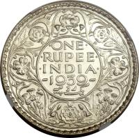 reverse of 1 Rupee - George VI (1938 - 1939) coin with KM# 555 from India. Inscription: ONE RUPEE INDIA 1939