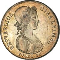 obverse of 30 Soldi (1801) coin with KM# 1 from Italian States. Inscription: REPUBBLICA CISALPINA SOLDI 30