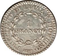 reverse of 1 Franco - Felice (1805 - 1808) coin with KM# 23 from Italian States. Inscription: PRINCIPATO DI LUCCA E PIOMBINO · 1 FRANCO 1808