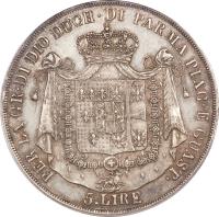 reverse of 5 Lire - Maria Luigia (1815 - 1832) coin with C# 30 from Italian States. Inscription: PER LA GR. DI DIO DUCH. DI PARMA PIAC. E GUAST. 5. LIRE