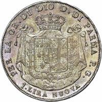 reverse of 1 Lira - Maria Luigia (1815) coin with C# 28 from Italian States. Inscription: PER LA GR.DI DIO D.DI PARMA P.G. 1 LIRA NUOVA