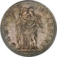 obverse of 5 Francs (1800 - 1801) coin with C# 4 from Italian States. Inscription: GAULE SUBALPINE LAVY