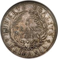 reverse of 5 Francs (1800 - 1801) coin with C# 4 from Italian States. Inscription: LIBERTÉ EGALITÉ 5. FRANCS L’AN 10 · ERIDANIA