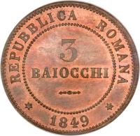 reverse of 3 Baiocchi (1849) coin with KM# 23 from Italian States. Inscription: REPUBBLICA ROMANA 3 BAIOCCHI * 1849 *