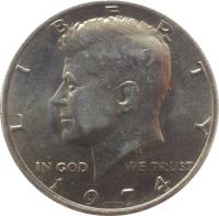 obverse of 1/2 Dollar - Kennedy Half Dollar (1971 - 2017) coin with KM# 202b from United States. Inscription: LIBERTY IN GOD WE TRUST P 1974