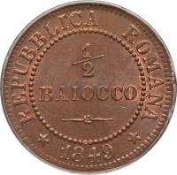 reverse of 1/2 Baiocco (1849) coin with KM# 21 from Italian States. Inscription: REPUBBLICA ROMANA ½ BAIOCCO * 1849 *