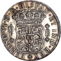 obverse of 8 Reales - Fernando VI (1747 - 1760) coin with KM# 104 from Mexico. Inscription: FERDND · VI · D · G · HISPAN · ET IND · REX · M F	8