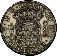 obverse of 8 Reales - Felipe V (1732 - 1747) coin with KM# 103 from Mexico. Inscription: PHILIP · V · D · G · HISPAN · ET IND · REX · M F	8