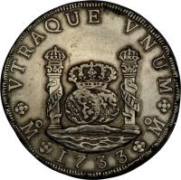 reverse of 8 Reales - Felipe V (1732 - 1747) coin with KM# 103 from Mexico. Inscription: VTRAQUE VNUM PLUS	VLTR Mo	1739	Mo