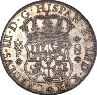 obverse of 8 Reales - Carlos III (1760 - 1772) coin with KM# 105 from Mexico. Inscription: CAROLVS · III · D · G · HISPAN · ET IND · REX · M M	8