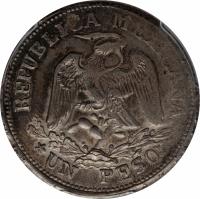 obverse of 1 Peso (1915) coin with KM# 672 from Mexico. Inscription: REPUBLICA MEXICANA *UN PESO