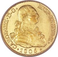 obverse of 2 Escudos - Carlos IV (1788 - 1808) coin with KM# 435 from Spain. Inscription: CAROL · IIII · D · G · HISP · ET IND · R · · 1794 ·