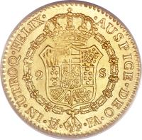 reverse of 2 Escudos - Carlos IV (1788 - 1808) coin with KM# 435 from Spain. Inscription: IN · UTROQ · FELIX · · AUSPICE · DEO · M · · MF ·