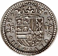 obverse of 2 Reales - Carlos III - Pretender Coinage (1707 - 1714) coin with KM# PT5 from Spain. Inscription: +CAROLVS+III+D+G+ R II