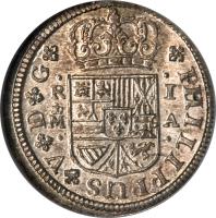 obverse of 1 Real - Felipe V (1717 - 1745) coin with KM# 298 from Spain. Inscription: PHILIPPUS V D G R	I M	A