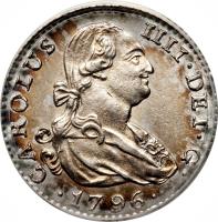 obverse of 1 Real - Carlos IV (1788 - 1808) coin with KM# 429 from Spain. Inscription: CAROLUS IIII · DEI · G · · 1796 ·