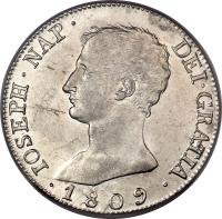 obverse of 20 Reales - Joseph I (1808 - 1813) coin with KM# 551 from Spain. Inscription: IOSEPH . NAP . DEI . GRATIA · 1809 ·