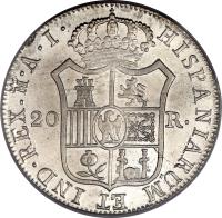 reverse of 20 Reales - Joseph I (1808 - 1813) coin with KM# 551 from Spain. Inscription: HISPANIARUM ET IND.REX.M.A.I. 20 R.