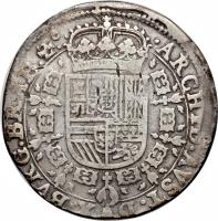 reverse of 1 Patagon - Felipe IV (1621 - 1665) coin with KM# 53 from Spanish Netherlands. Inscription: · ARCHID · AVST · DVX · BVRG · BRAB · Zᶜ.