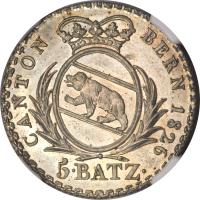 obverse of 5 Batzen (1826) coin with KM# 196 from Swiss cantons. Inscription: CANTON BERN 1826 5 · BATZ ·