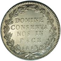 reverse of 40 Batzen (1813) coin with KM# 191 from Swiss cantons. Inscription: DOMINE CONSERVA NOS IN PACE 1813 B