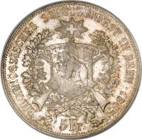 obverse of 5 Francs - Shooting Festival (1885) coin with X# S17 from Switzerland. Inscription: EIDGENÖSSISCHES SCHÜTZENFEST IN BERN · 1885 5 Fr. C.BÜHLER INV