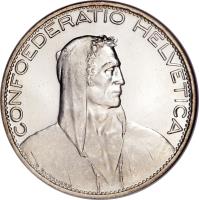 obverse of 5 Francs (1924 - 1928) coin with KM# 38 from Switzerland.