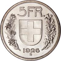 reverse of 5 Francs (1924 - 1928) coin with KM# 38 from Switzerland.