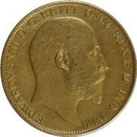 obverse of 1/2 Sovereign - Edward VII (1902 - 1910) coin with KM# 804 from United Kingdom. Inscription: EDWARDUS VII D:G:BRITT:OMN:REX F:D:IND:IMP: