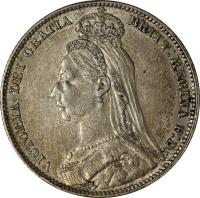 obverse of 1 Shilling - Victoria - Larger; 2'nd Portrait (1889 - 1892) coin with KM# 774 from United Kingdom. Inscription: VICTORIA DEI GRATIA BRIT:REGINA F.D: