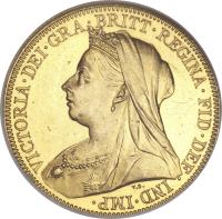 obverse of 1/2 Sovereign - Victoria - 3'rd Portrait (1893 - 1901) coin with KM# 784 from United Kingdom. Inscription: VICTORIA · DEI · GRA · BRITT · REGINA · FID · DEF · IND · IMP T.B.