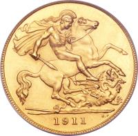 reverse of 1/2 Sovereign - George V (1911 - 1915) coin with KM# 819 from United Kingdom. Inscription: 1911 B.P.