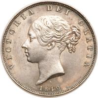 obverse of 1/2 Crown - Victoria - 1'st Portrait (1839 - 1864) coin with KM# 740 from United Kingdom. Inscription: VICTORIA DEI GRATIA 1849