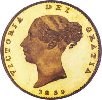 obverse of 1/2 Sovereign - Victoria - 1'st Portrait (1838 - 1885) coin with KM# 735 from United Kingdom. Inscription: VICTORIA DEI GRATIA 1839