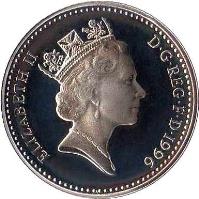 obverse of 10 Pence - Elizabeth II - Smaller; Silver Proof (1992 - 1996) coin with KM# 938c from United Kingdom. Inscription: ELIZABETH II D · G · REG · F · D · 1992 RDM