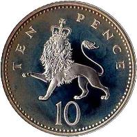 reverse of 10 Pence - Elizabeth II - Smaller; Silver Proof (1992 - 1996) coin with KM# 938c from United Kingdom. Inscription: TEN PENCE 10